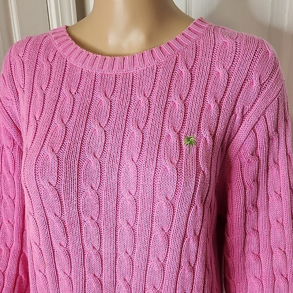 Vintage Lilly Pulitzer Fisherman Pink Cable Knit Sweater w/Green Palm Tree Logo